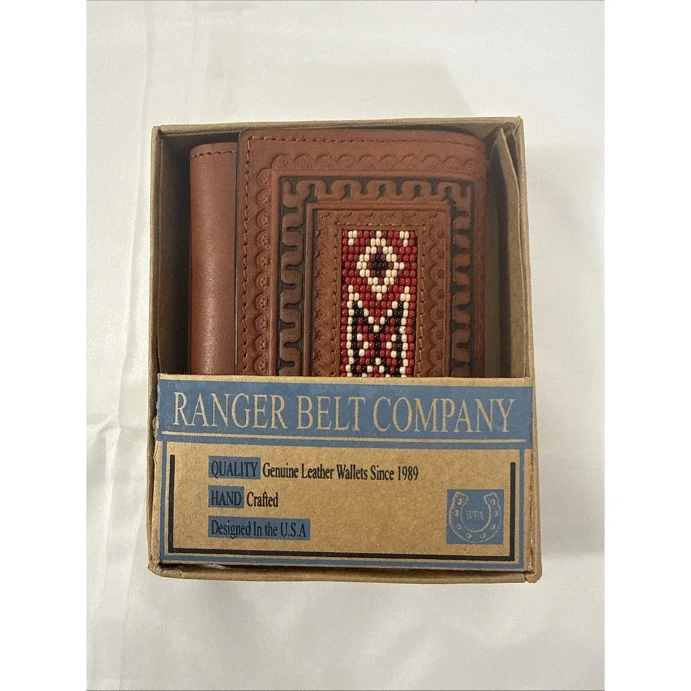 Ranger Belt Co HFW-080T Beaded Southwest Brown Leather Tri-Fold Wallet‎